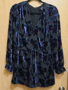 Adelyn Rae Black Velvet Romper with Blue and Purple Floral Burnout